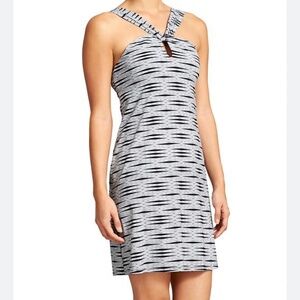 Athleta Printed Kiki Halter Striped Swim Dress Black/White Med Athleisure Beach